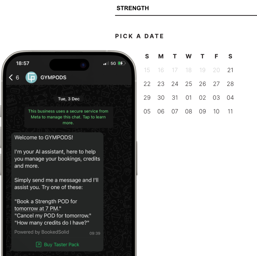 GYMPODS WhatsApp AI assistant showing booking interface on a phone