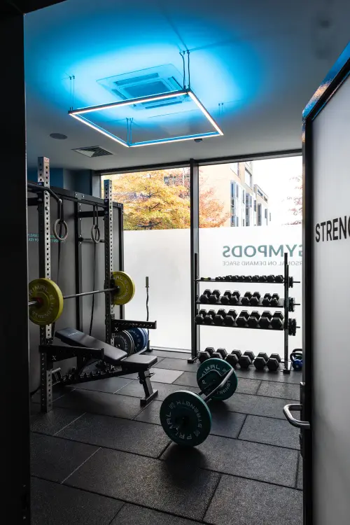 Inside a private Strength POD at GYMPODS Dalston — bookable any time, pay as you go