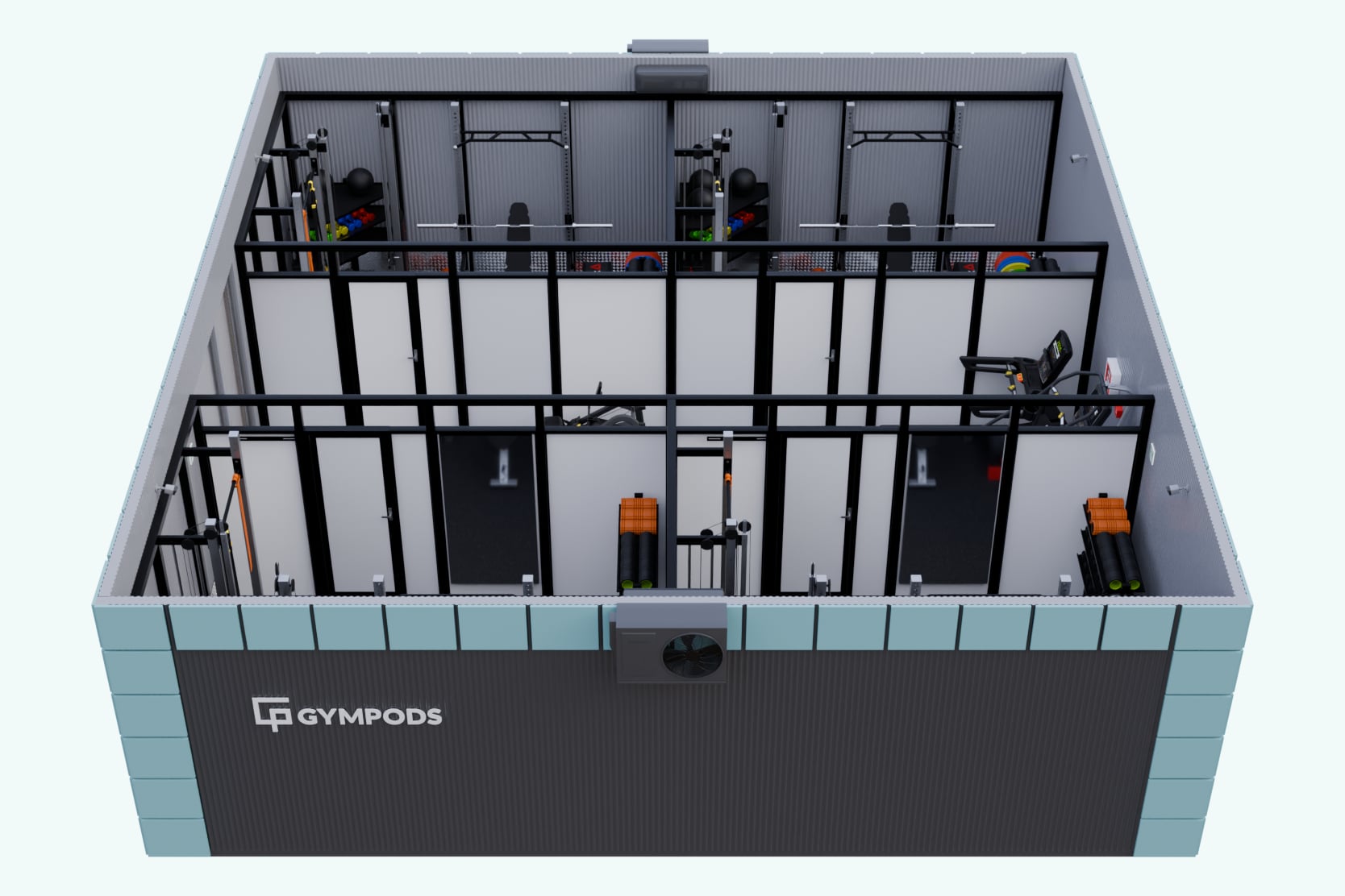 Cutaway render of a GYMPODS Standalone Quad unit with four private PODs