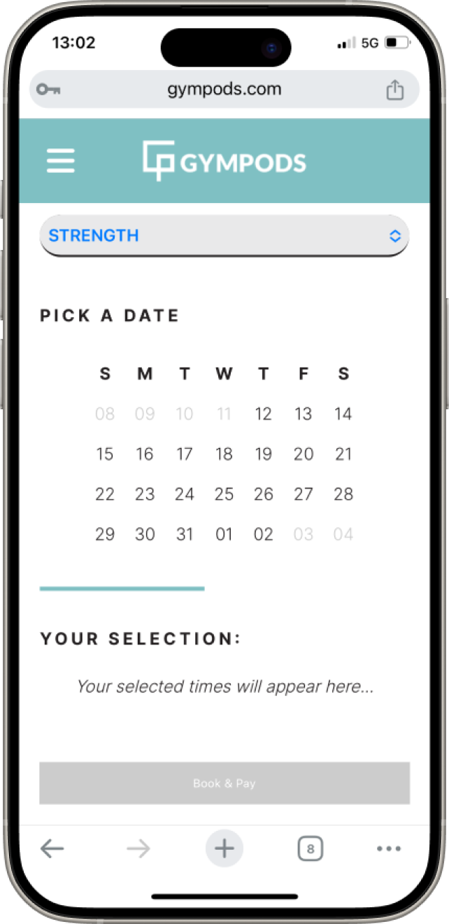GYMPODS app — pick your date and time